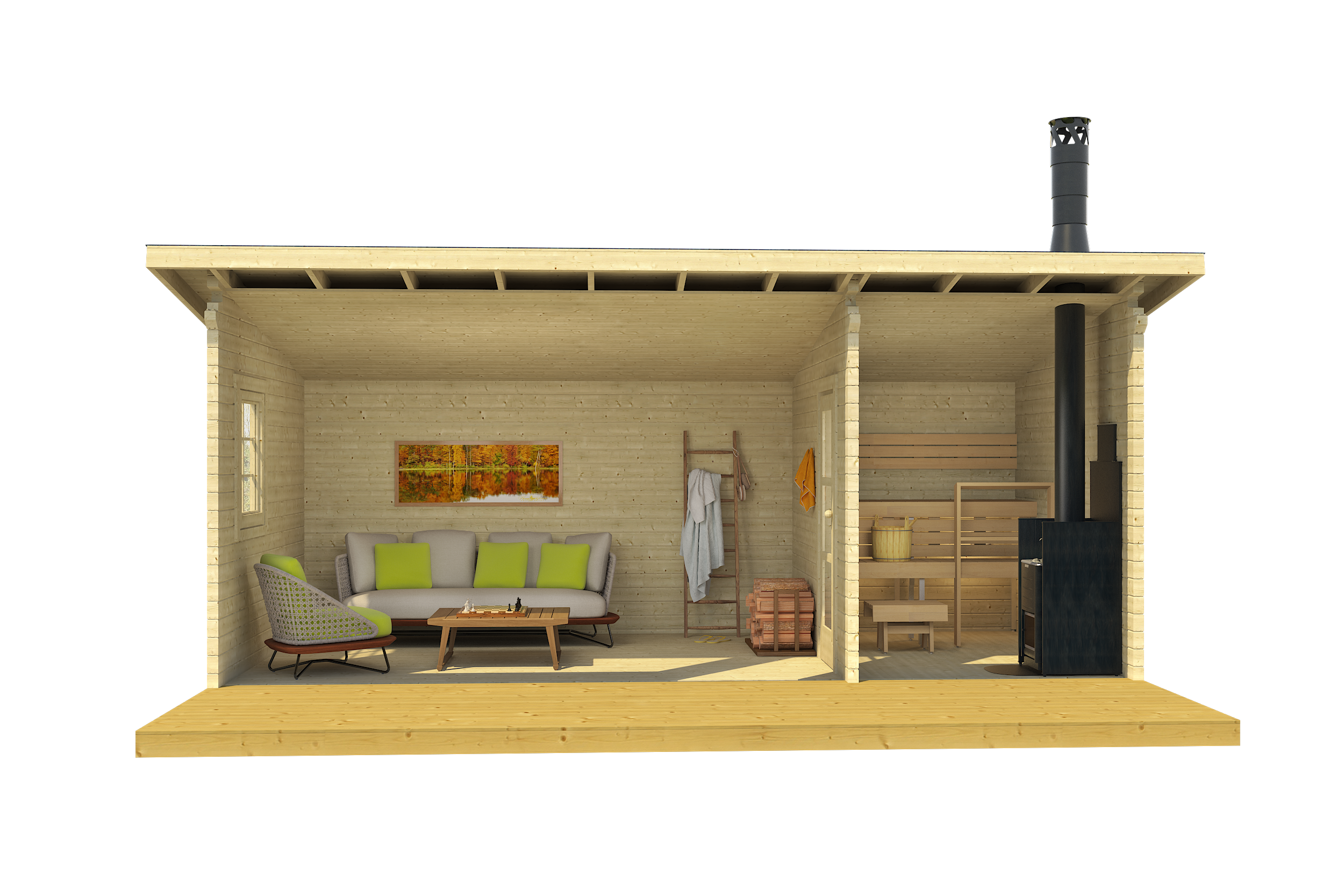 MODERNI PIHASAUNA 26 6.2x2.8m Sauna Log Cabin Front Internal