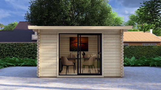 Spacious Bowland 4x3m timber log cabin with contemporary sliding doors and modern roofline, Wooden cabin with glass door in a garden setting