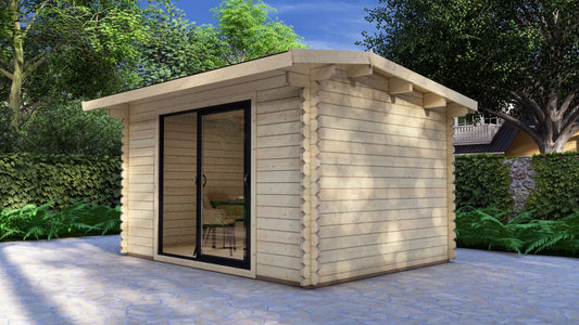 Slim frame aluminium sliding doors on Bowland modern log cabin showing wide glass frontage, Wooden shed with a sliding glass door in a garden setting