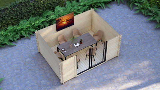 Portable outdoor log cabin living space with a table, chairs, and a TV displaying a sunset. Low threshold and tongue and groove timber floor inside Bowland 4x3m log cabin with sliding doors