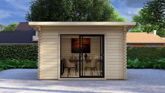 Dean 4x3m timber log cabin with contemporary pent roof and wide sliding doors. Wooden cabin with glass door showing interior furniture, surrounded by greenery.