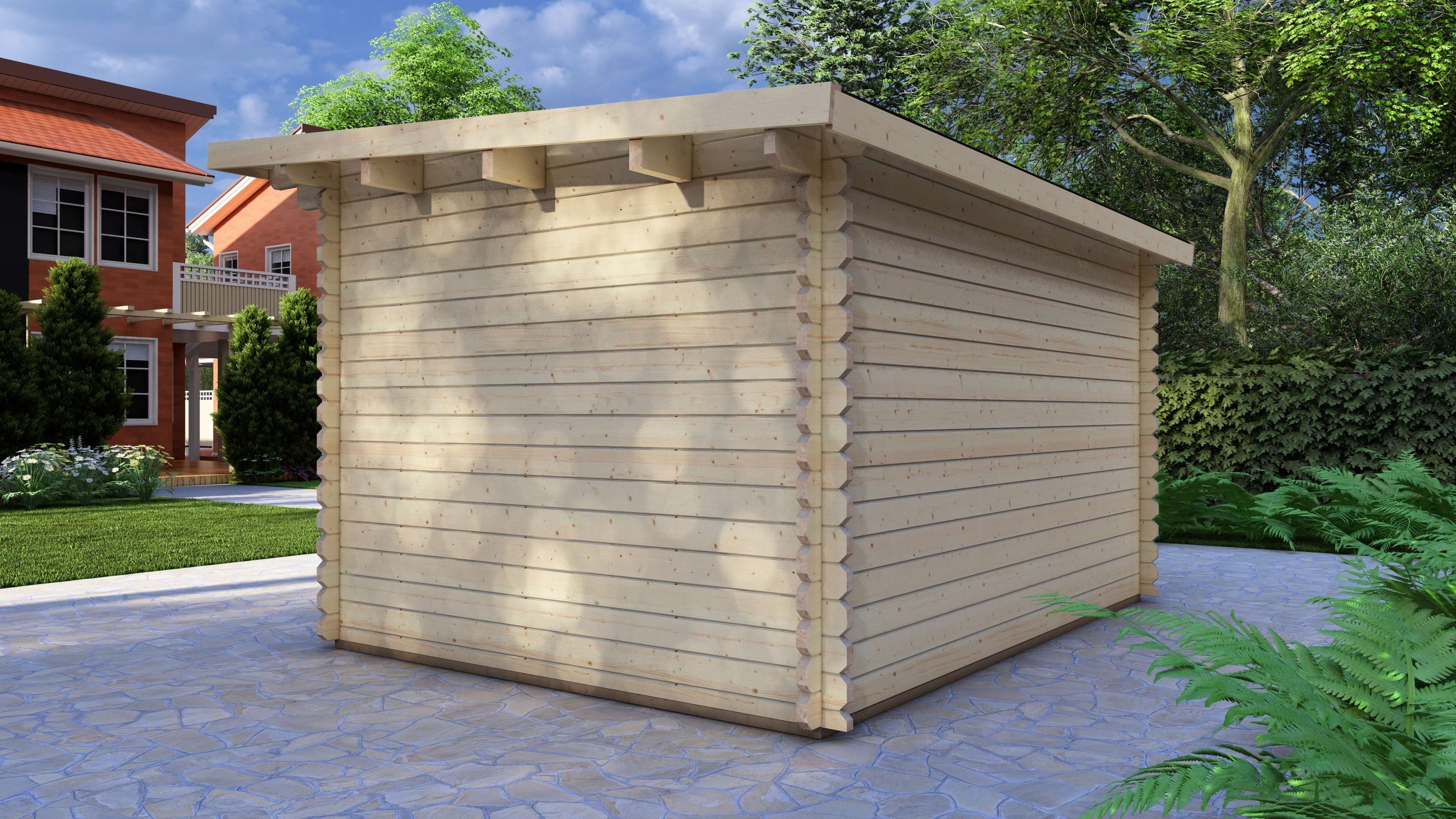 Pent roof and interlocking timber logs on Dean 4x3m modern garden cabin. Wooden shed on a paved area with a house and trees in the background