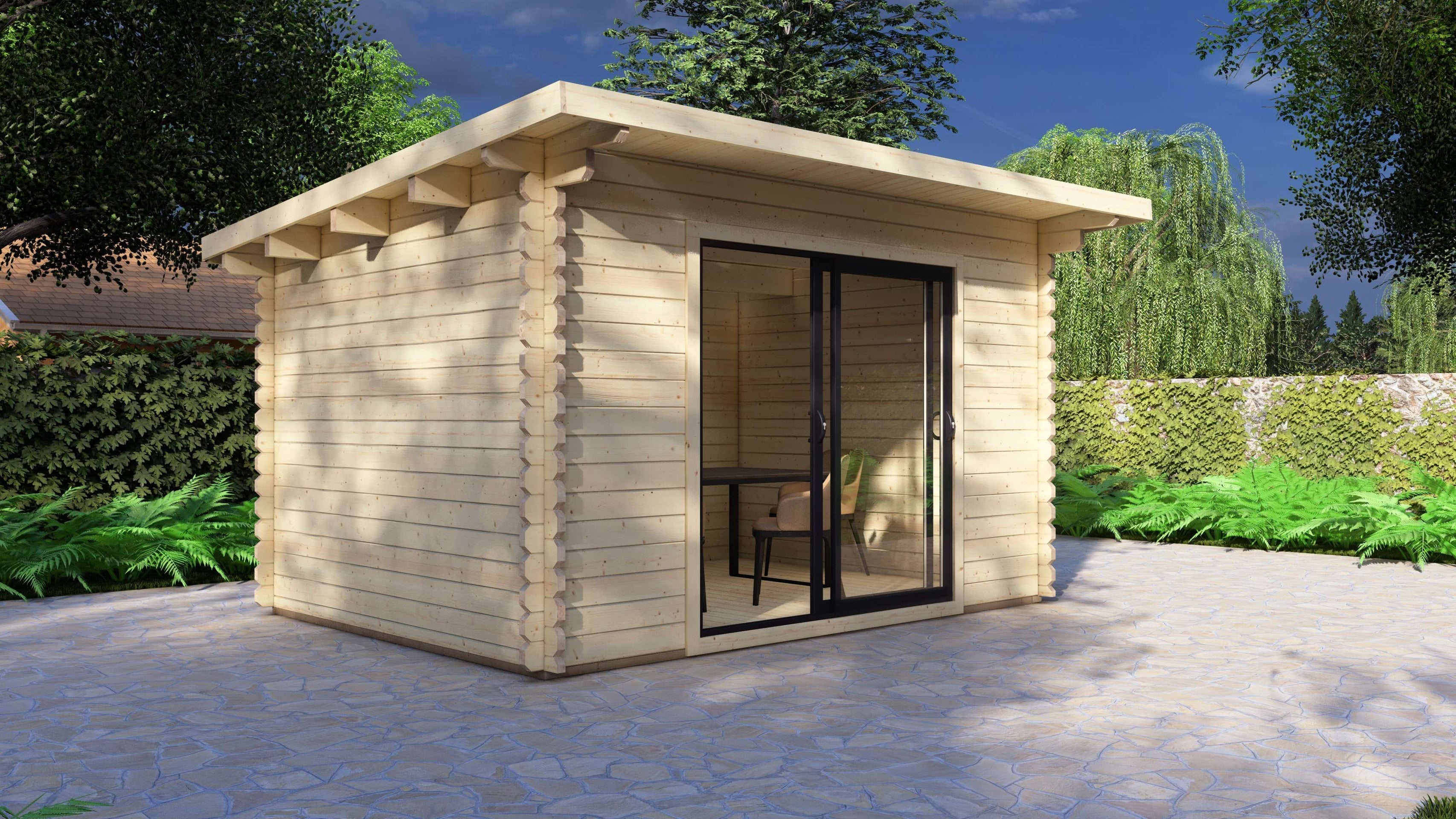 Dean 4x3m modern pent roof log cabin with aluminium sliding doors in UK garden. Wooden garden shed with a sliding glass door in a garden setting