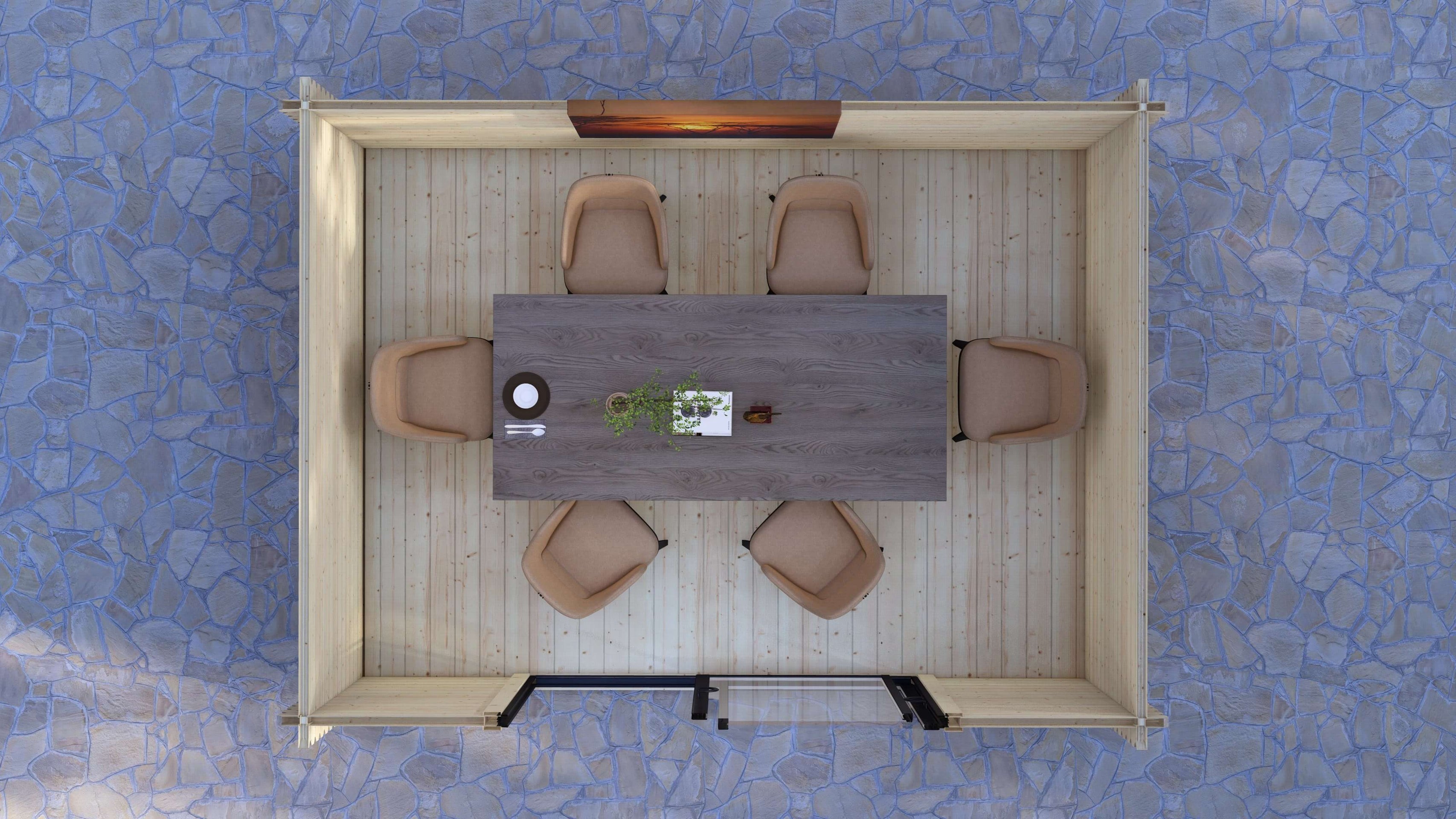 Top-down view of a dining area with a table and chairs on a textured blue floor. Low threshold and tongue and groove timber floor inside Dean modern log cabin with sliding doors