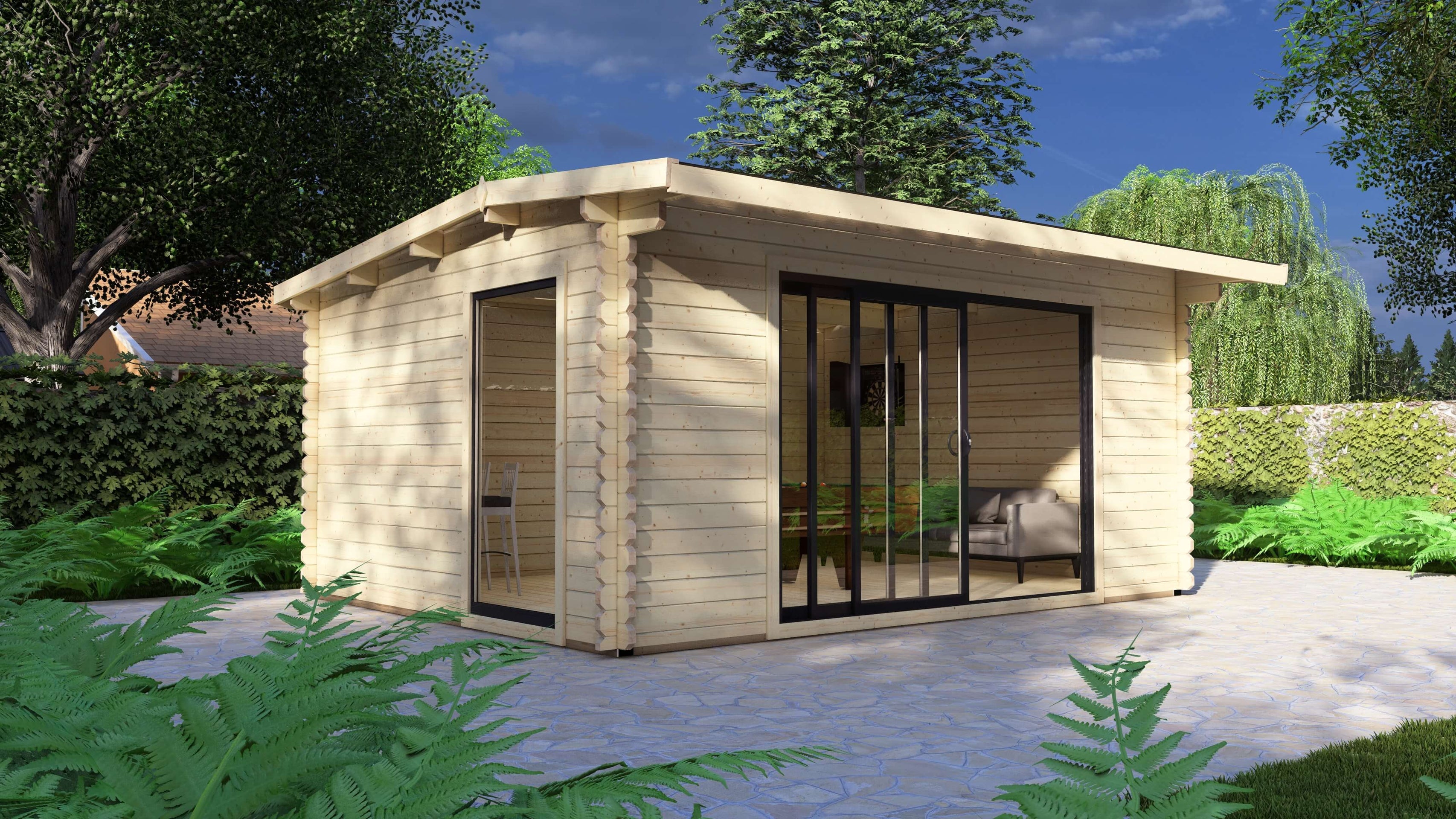 Epping 5.0 x 4.0m modern log cabin with aluminium sliding doors and long ridge roof in UK garden. Wooden garden shed with glass doors in a garden setting