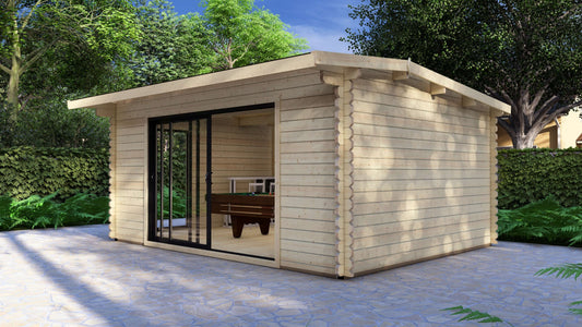 Spacious Epping 5.0 x 4.0m timber log cabin with contemporary sliding doors and modern roofline, Wooden garden shed with a sliding glass door in a garden setting