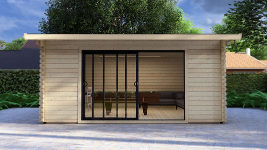Slim aluminium sliding doors on Epping modern log cabin showing large glass panels. Wooden garden shed with glass door in a garden setting