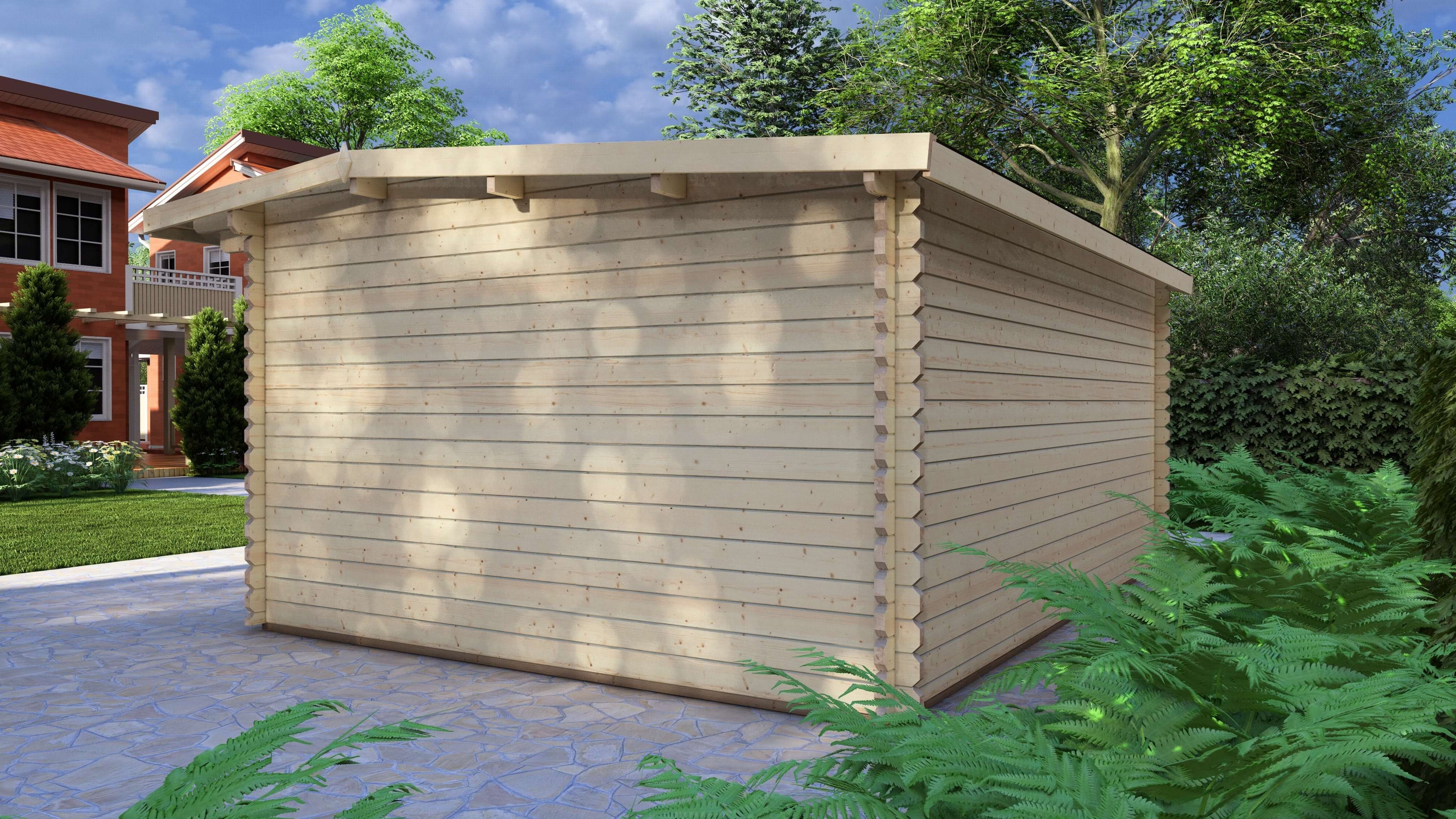 Wooden shed in a garden setting with trees and a house in the background