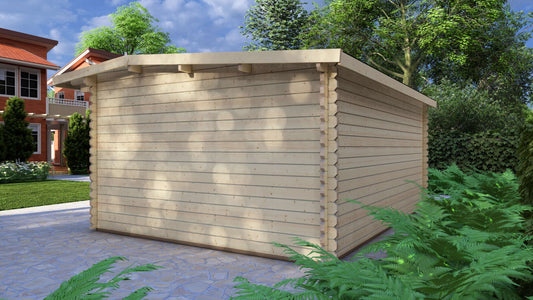 Wooden shed in a garden setting with trees and a house in the background