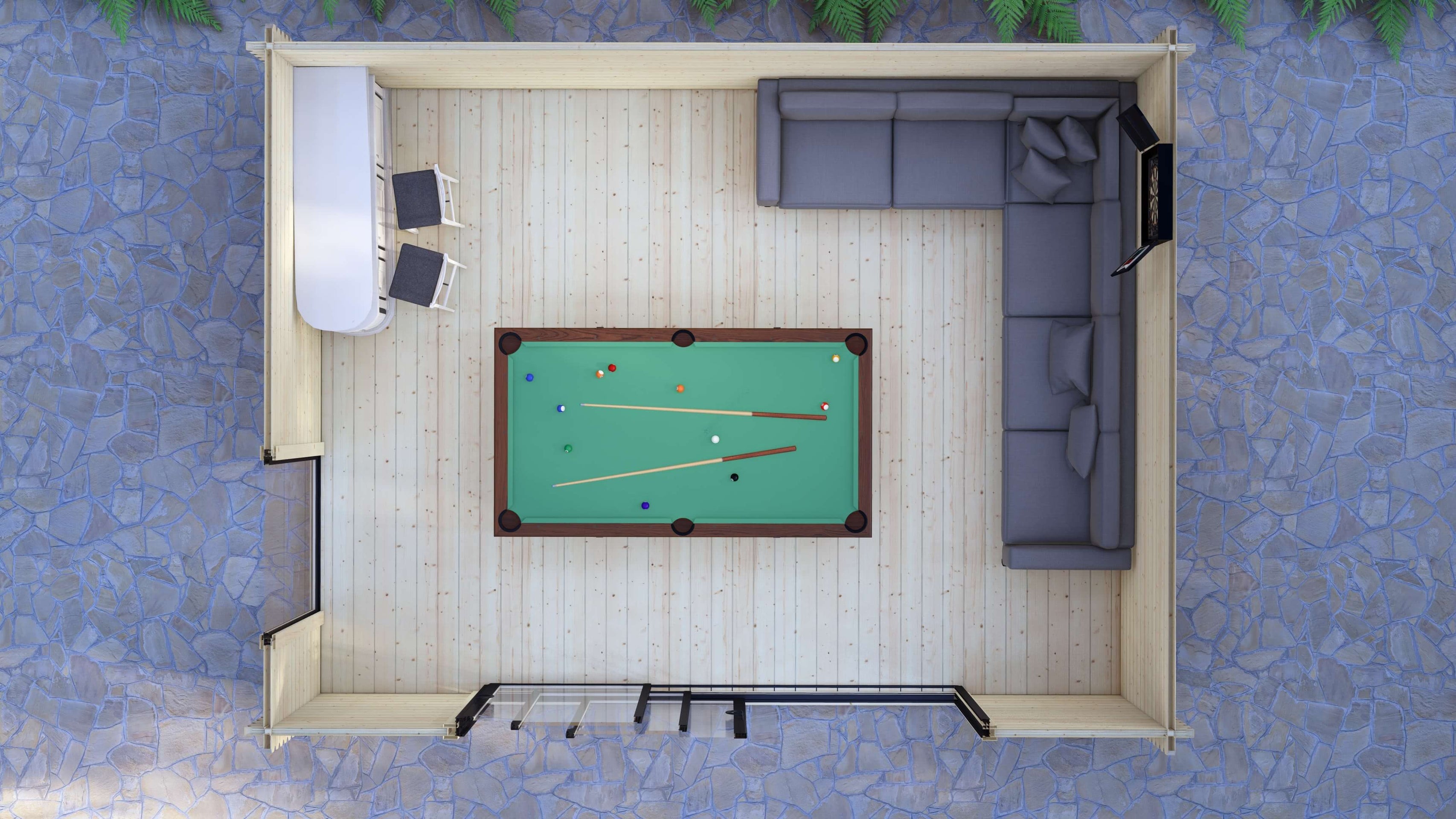 Open‑plan interior of Epping 5.0 x 4.0m log cabin used as a bright garden office and lounge area. Top-down view of a pool table in a room with gray walls and a stone floor.