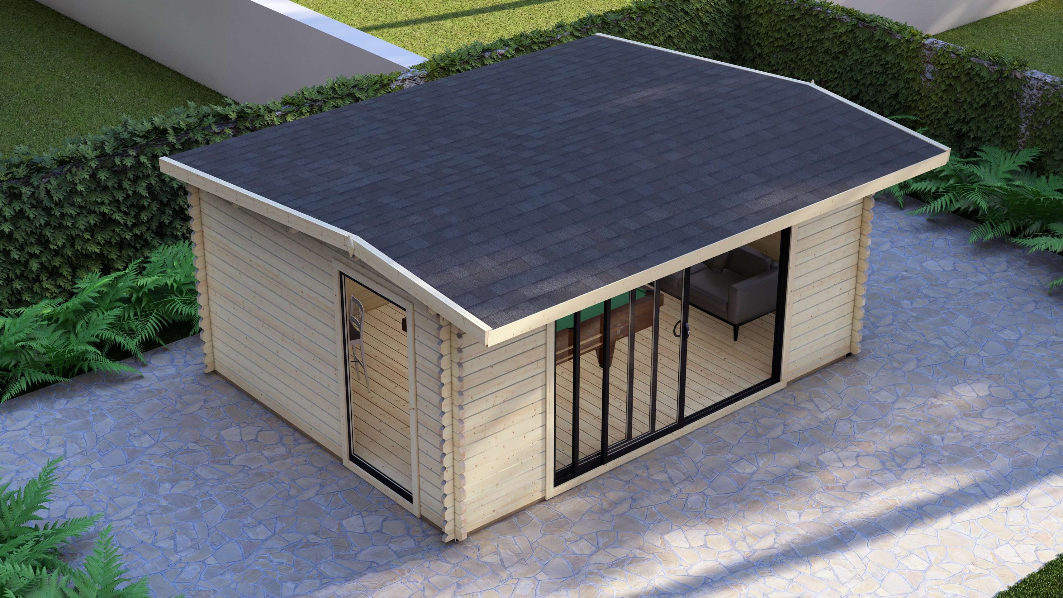 Low threshold and tongue and groove timber floor inside Epping log cabin with sliding doors to patio. Wooden garden shed with a black roof on a paved area with greenery.