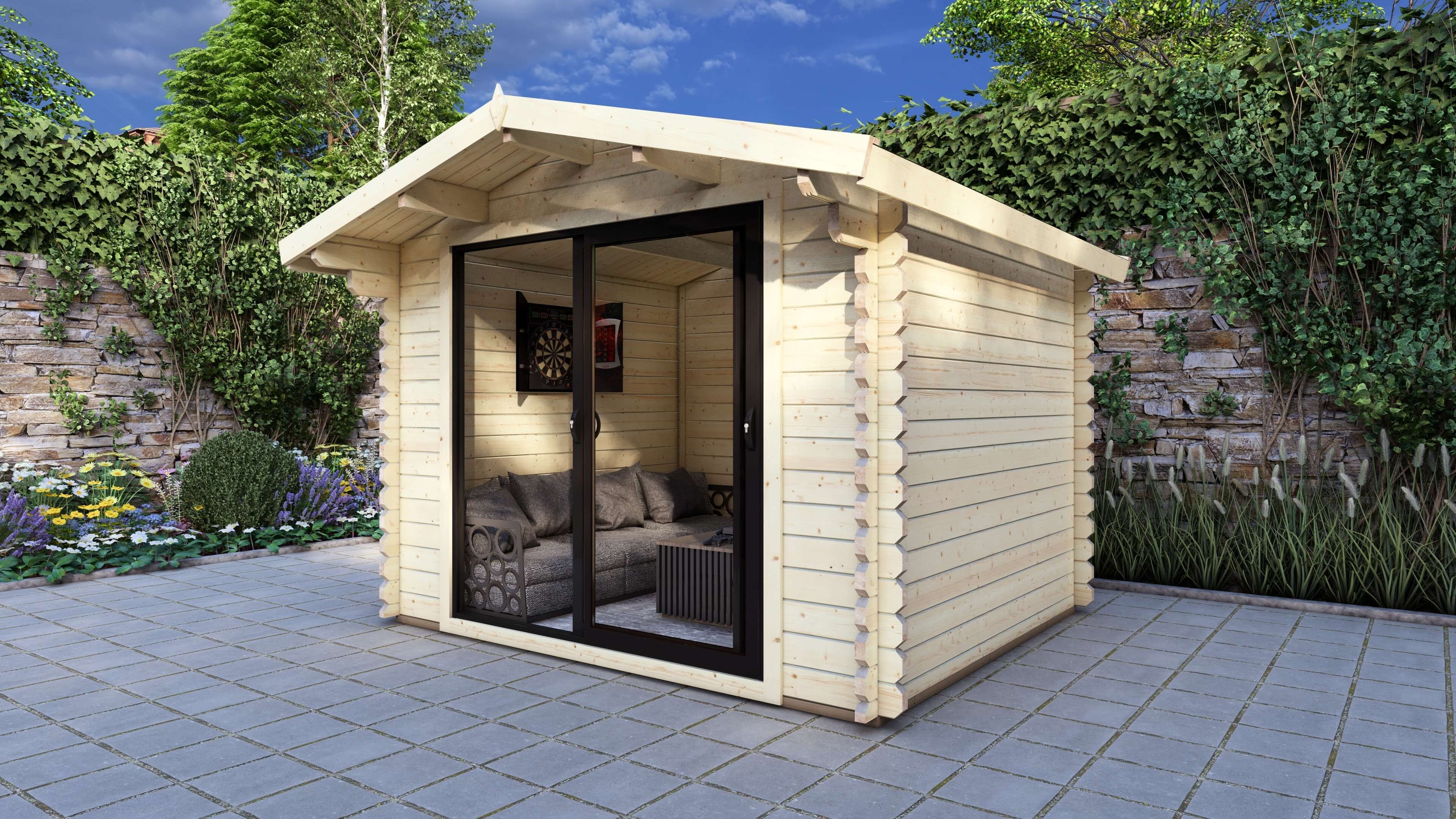 Foxglove Log Cabin 3.2×2.6m with aluminium sliding doors and apex roof in UK garden. Wooden cabin with glass door in a garden setting