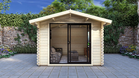 Aluminium sliding doors and glazing detail on Foxglove 3.2×2.6m log cabin