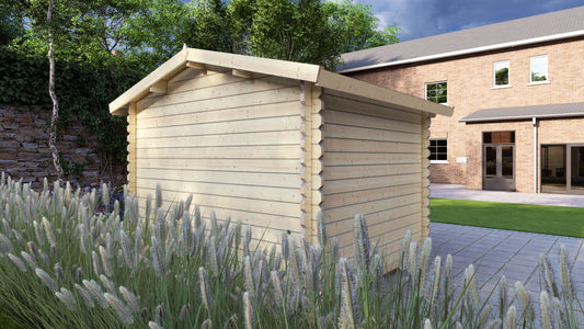 Bright interior of Foxglove Log Cabin used as a small garden office
