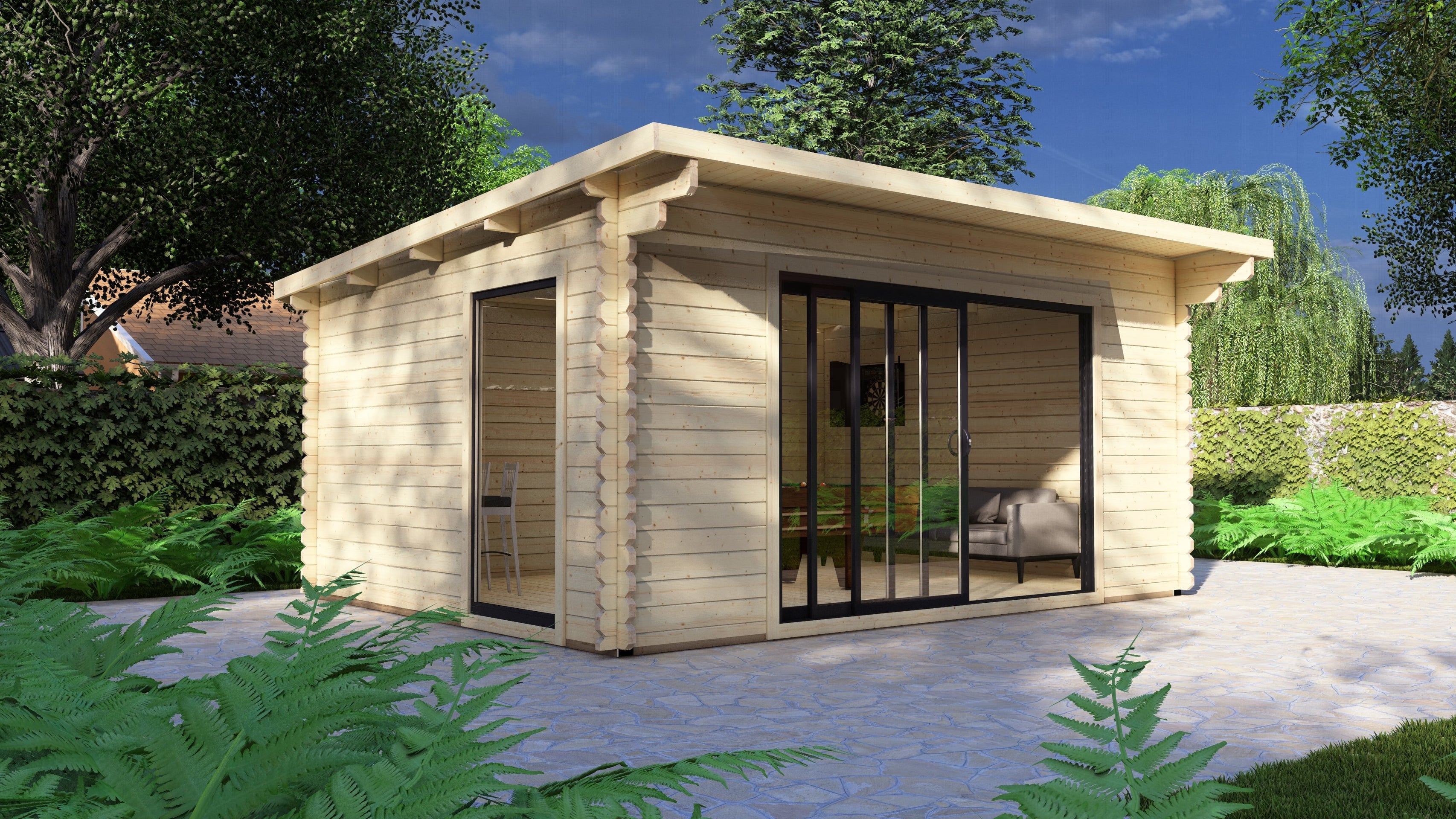 Galloway 5.0 x 4.0m modern pent roof log cabin with aluminium sliding doors in UK garden