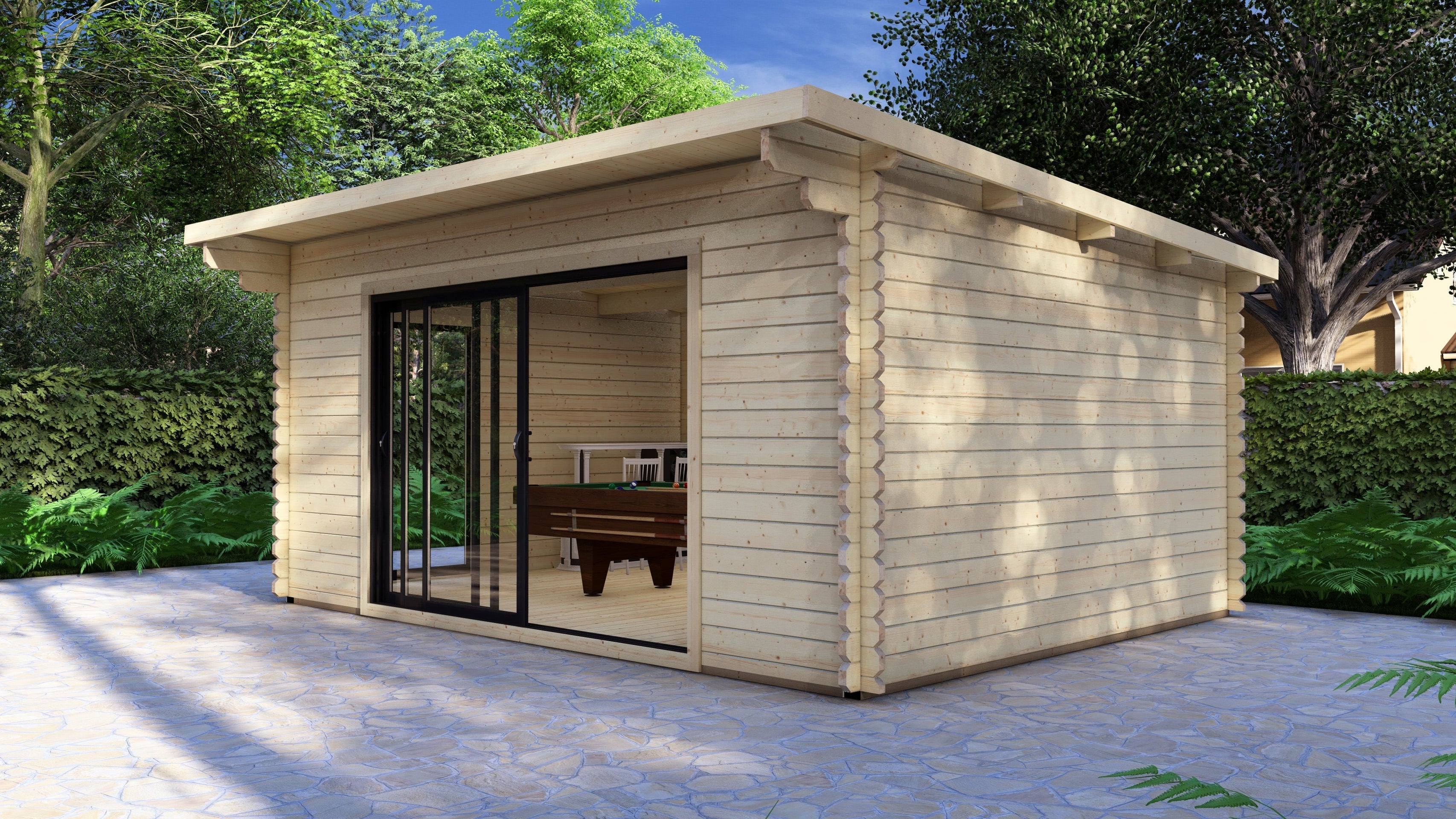 Spacious Galloway 5.0 x 4.0m timber log cabin with contemporary sliding doors and modern roofline. Wooden garden shed with a sliding door in a garden setting