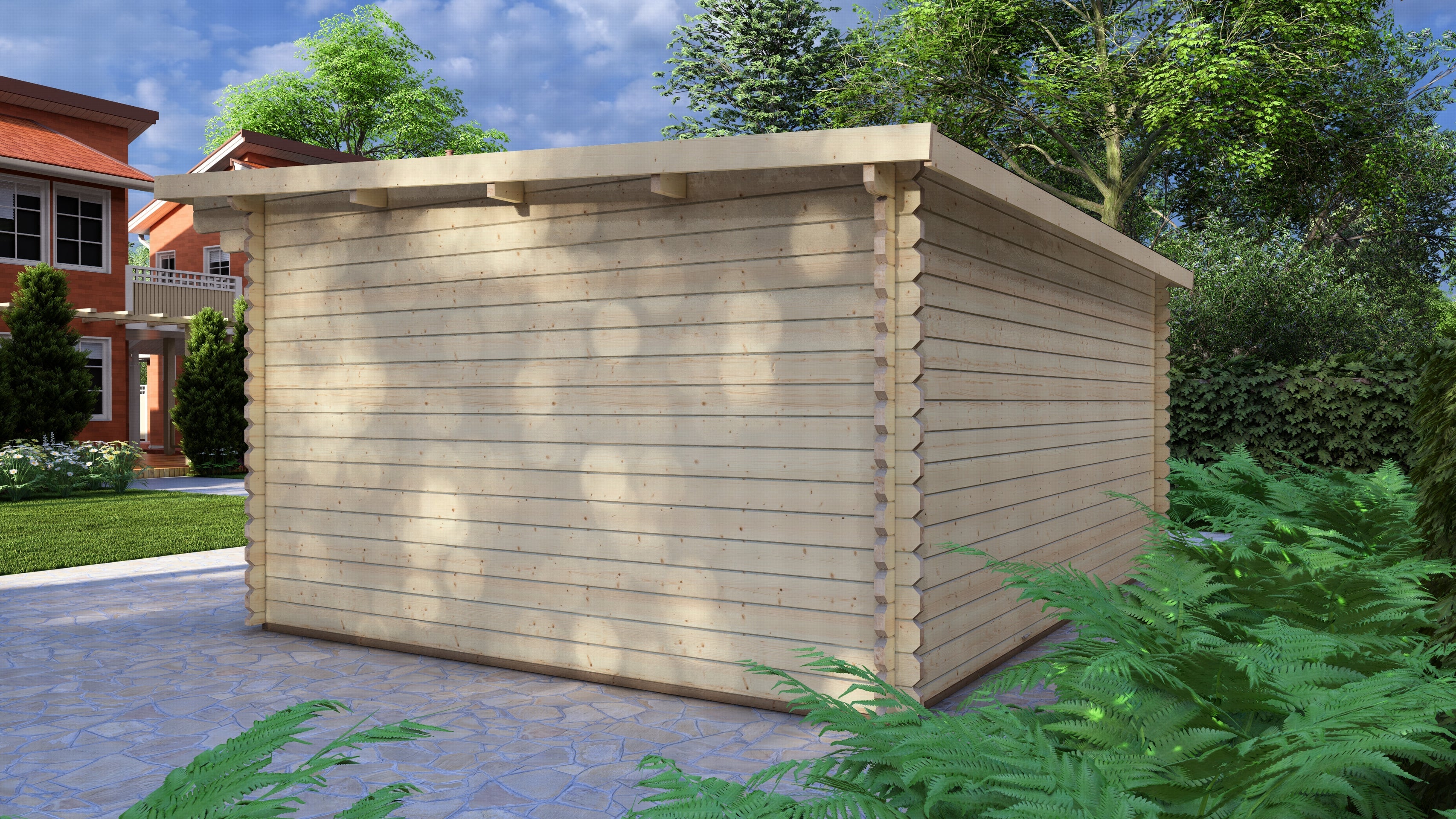 pent roof and interlocking timber logs on Galloway 5.0 x 4.0m garden cabin. Wooden shed in a garden setting with trees and a house in the background