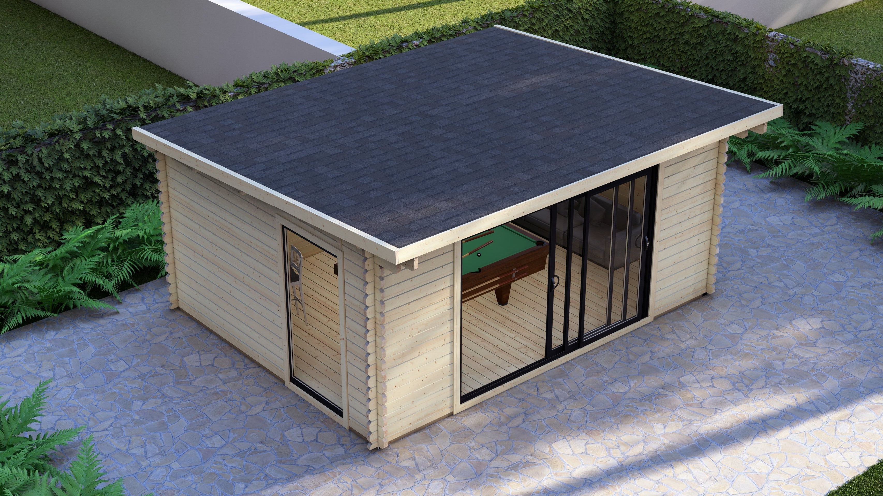 Wooden garden shed with solar panels on the roof, surrounded by greenery.