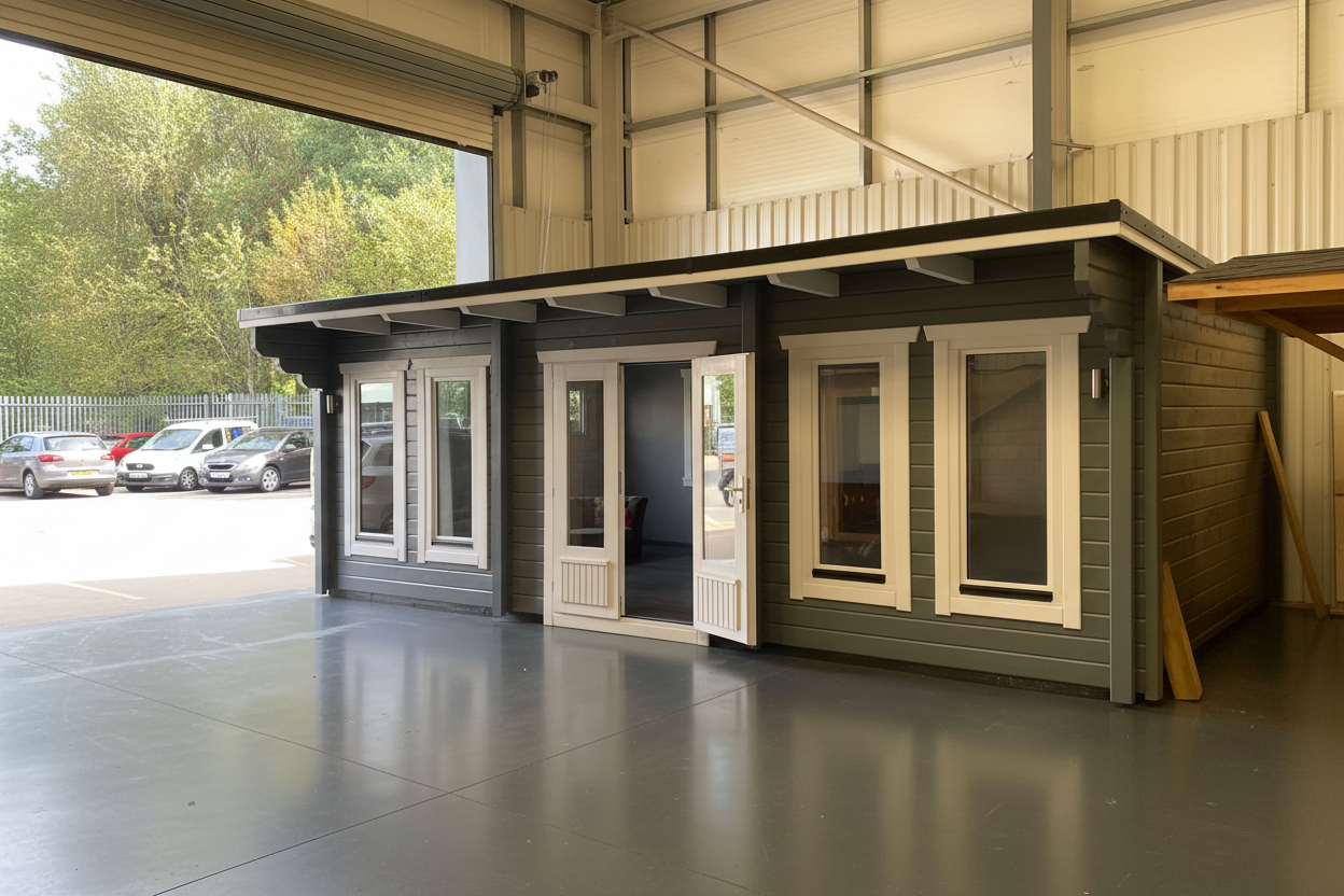 Modular building with glass doors and windows inside a large open warehouse.