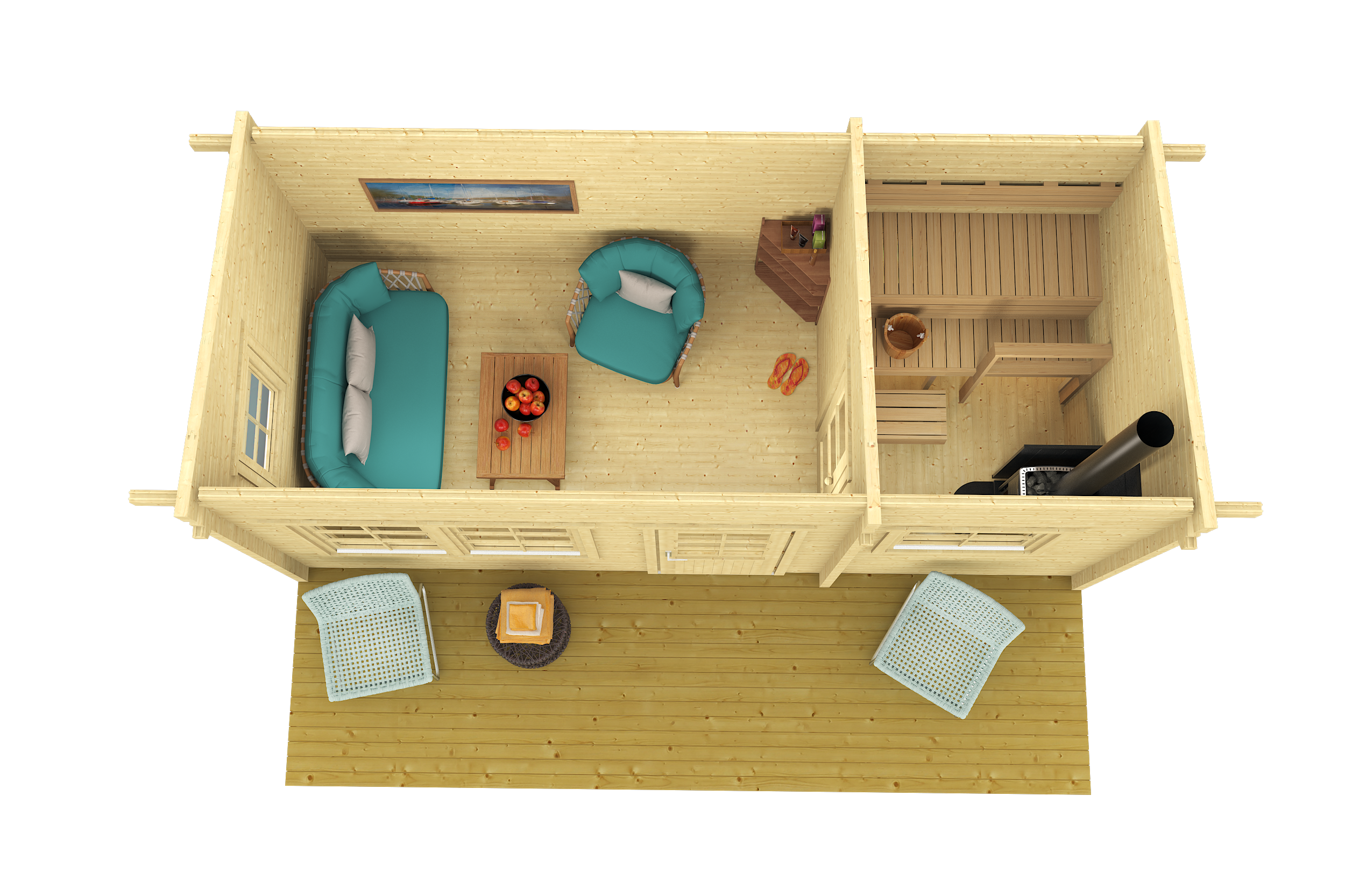 MODERNI PIHASAUNA 19 5.7x2.6m Sauna Log Cabin Above Internal