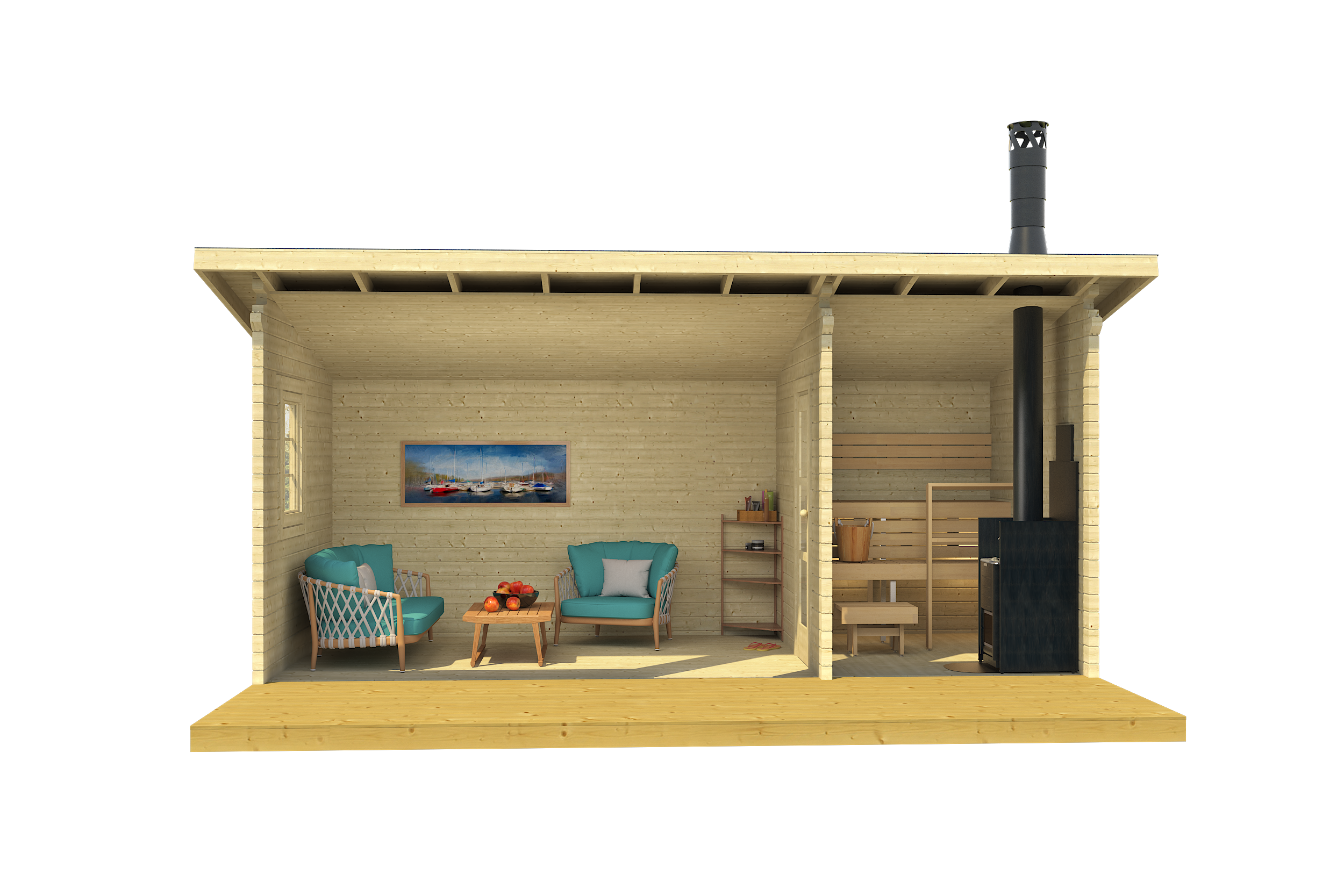 MODERNI PIHASAUNA 19 5.7x2.6m Sauna Log Cabin Front Internal