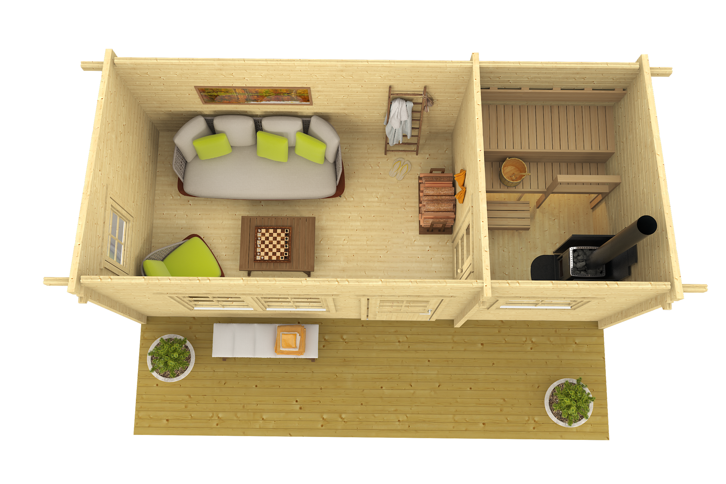 MODERNI PIHASAUNA 26 6.2x2.8m Sauna Log Cabin Above Internal