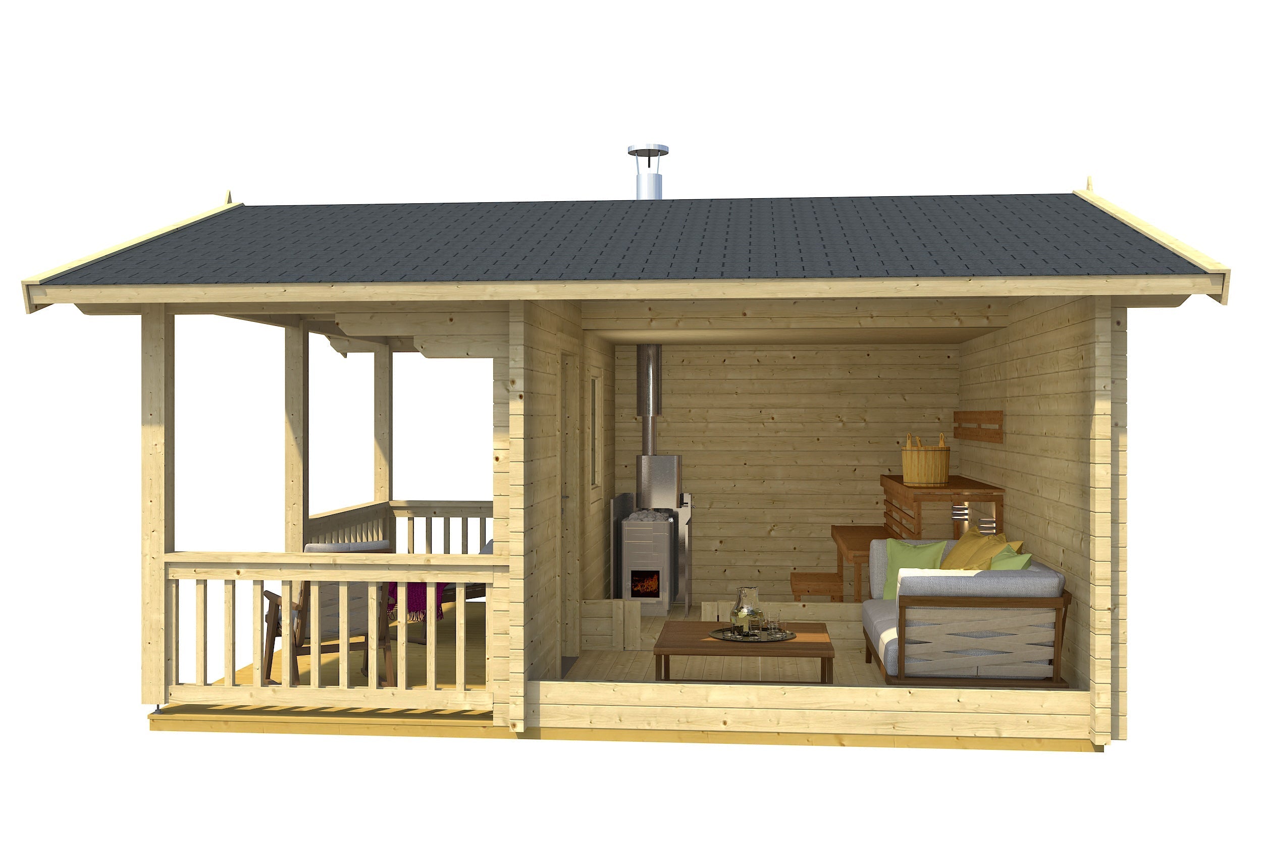 TERVO 4.4x4.9m Sauna Log Cabin Internal Front